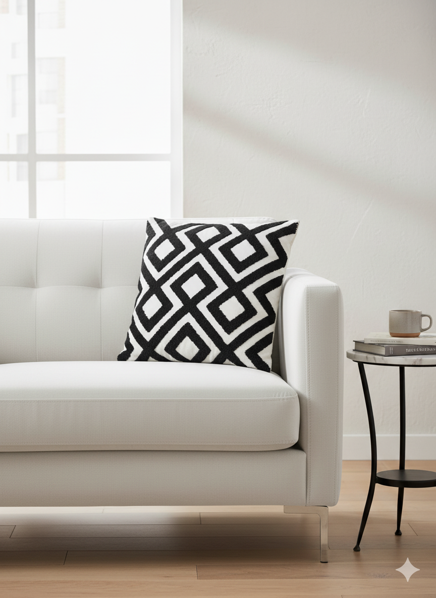 כרית נוי, דגם גפן - לבן ושחור